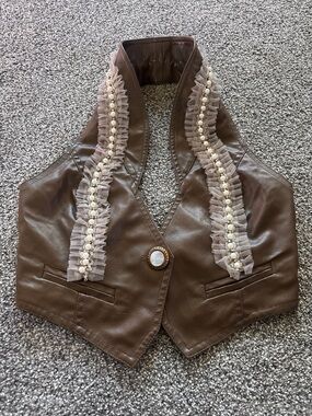 Feminine Brown Faux Leather Halter Vest with Pearl Trim